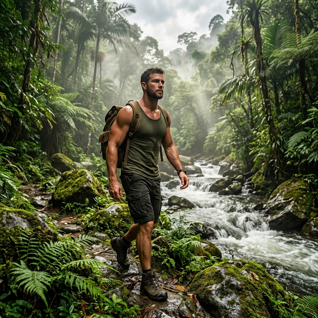 Muscular active adventurer representing vitality in nature